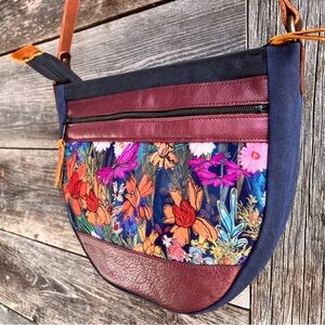 Ragmaw Watercolor Floral Day Bag with Mulberry leather- made in Canada